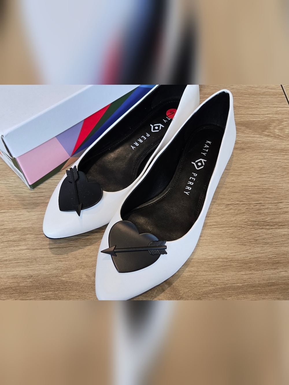 Katy Perry Collections White Pointed Toe Flats with Black Heart Accent